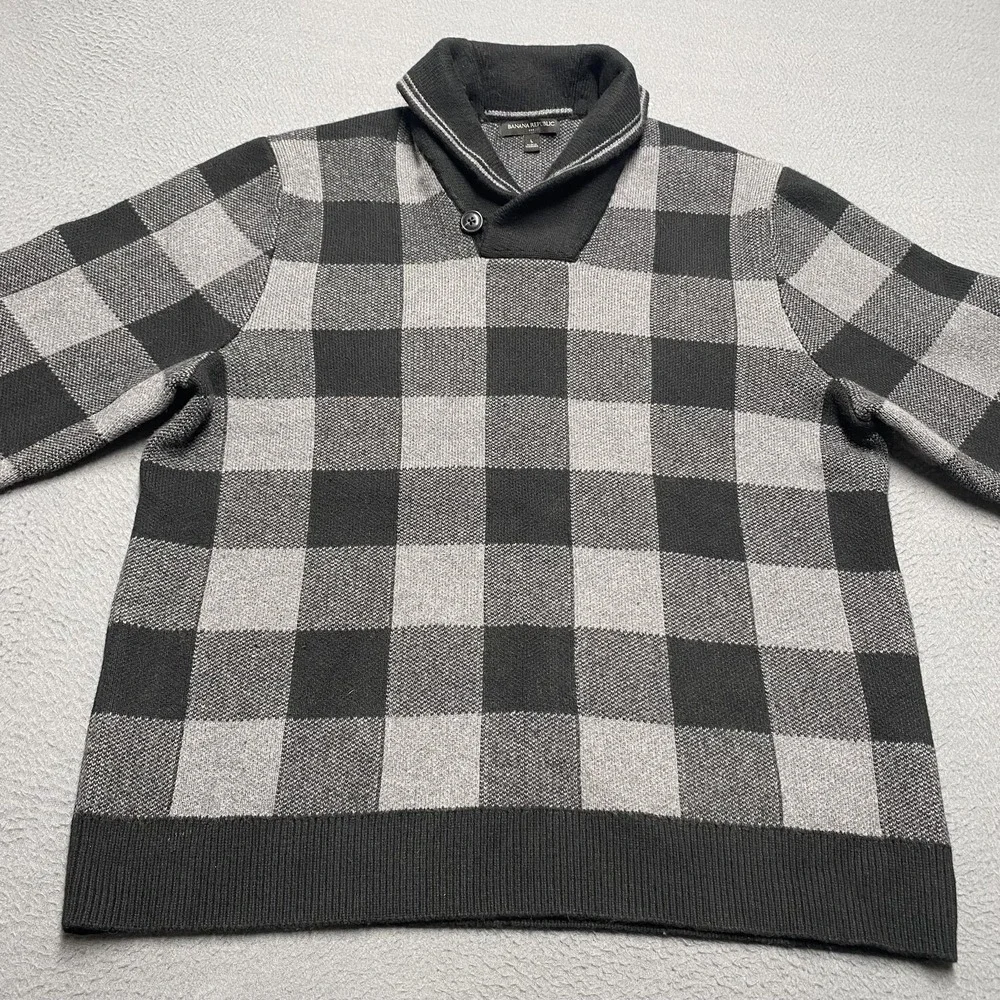 Banana Republic Sweater Mens Large Gray Plaid Shawl‎ Collar Pullover Tight-Knit
